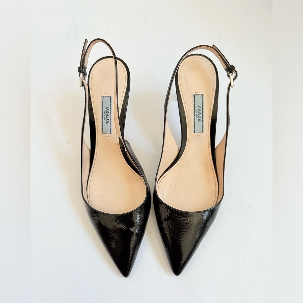 Prada Black Saffiano Patent Leather Pointed toe Slingback pumps EU 38 - Picture 2 of 9
